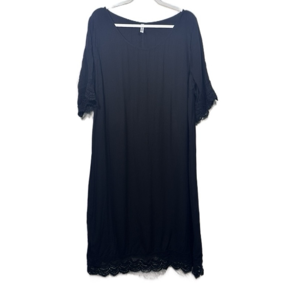 PipHANY Black Midi Dress Lace accents Trim Elbow Sleeves, Scoop Neck adult XL